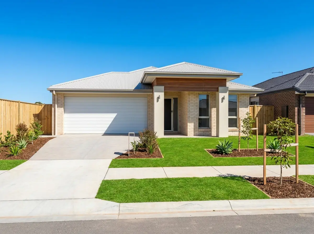 Australian home with a green lawn under a blue sky